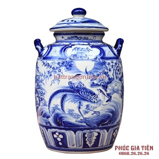 Hũ ngâm rượu chim trĩ hoa phù dung men xanh 50L