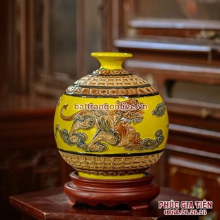 Bình hút lộc song linh chiêu tài, nền vàng, cao 20cm