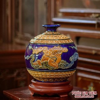 Bình hút lộc song linh chiêu tài, nền xanh, cao 20cm