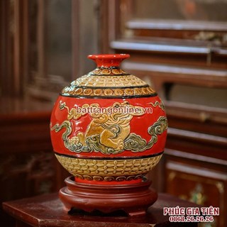 Bình hút lộc song linh chiêu tài, nền đỏ, cao 20cm