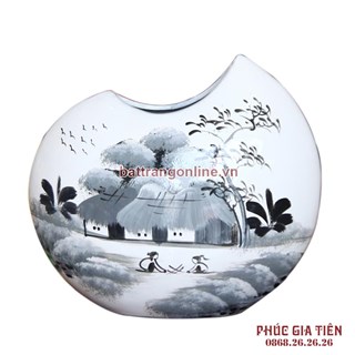 Bình sơn mài dáng vỏ đỗ vẽ cảnh đồng quê đen trắng cao 27cm