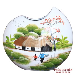 Bình sơn mài dáng vỏ đỗ vẽ cảnh đồng quê nền trắng cao 27cm