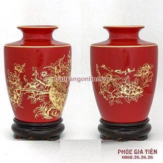 Bình vẽ vàng chim công mẫu đơn, nền đỏ, cao 22cm