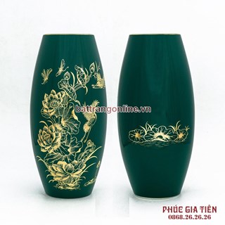 Bình vẽ vàng hoa sen, màu xanh cao 30cm