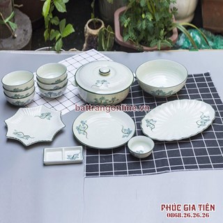 Bộ bát đĩa vẽ sen xanh men kem Bát Tràng