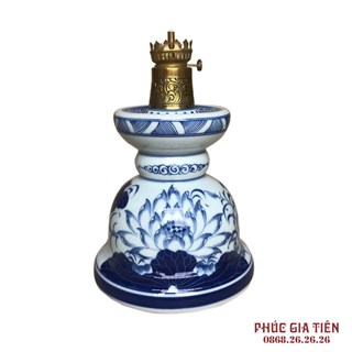 Đèn dầu thờ dáng bát vẽ hoa sen cao 30cm