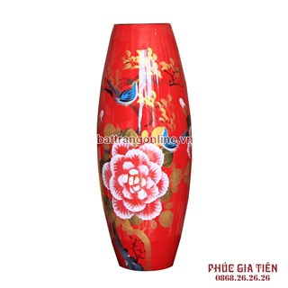 Bình sơn mài bom hoa mẫu đơn nền đỏ cao 40cm