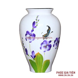 Bình sơn mài đùi dế vẽ hoa lan tím nền trắng cao 28cm