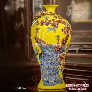 Mai bình chim công nền vàng cao 58cm