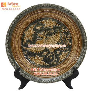 Đĩa cảnh - khắc phượng hoàng - men rạn cổ - viền đắp nổi - đường kính 35cm