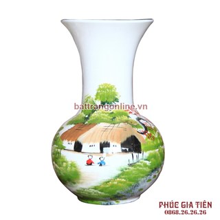 Tỏi sơn mài miệng loe vẽ cảnh đồng quê nền trắng cao 30cm