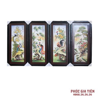 Tranh sứ vẽ tùng cúc trúc mai khung gỗ thông 95x45cm