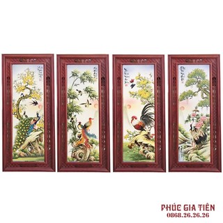 Tranh tứ quý Tùng - Cúc - Trúc - Mai khung gỗ hương, cao 117cm rộng 52cm