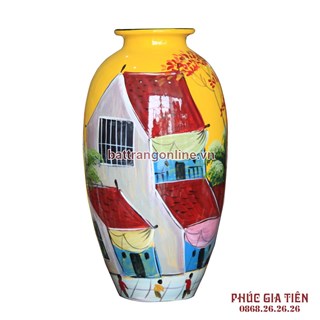 Vò sơn mài vẽ phố cổ nền vàng cao 31cm