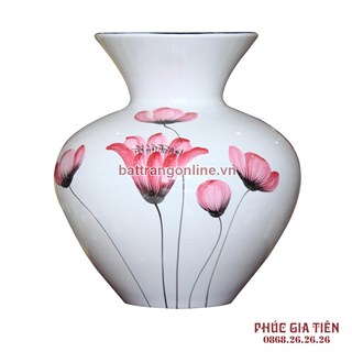 Vò bóng sơn mài loe hoa đỏ nền trắng cao 23cm