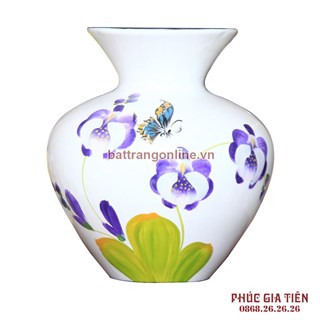 Vò bóng sơn mài loe hoa lan tím nền trắng cao 23cm