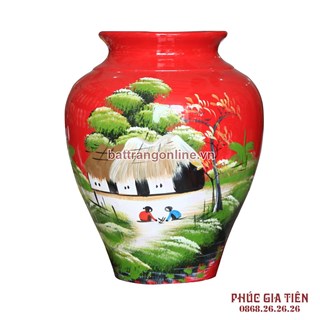 Vò bóng sơn mài ngấn cảnh đồng quê nền đỏ cao 27cm