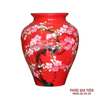 Vò bóng sơn mài ngấn cảnh hoa đào nền đỏ cao 27cm