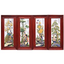 Tranh sứ tùng cúc trúc mai cao cấp, khung gỗ hương 117cm x 52cm