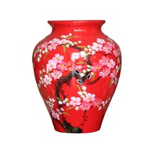 Vò bóng sơn mài ngấn cảnh hoa đào nền đỏ cao 27cm