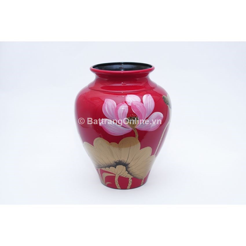 vò sơn mài đỏ dáng cao vẽ sen